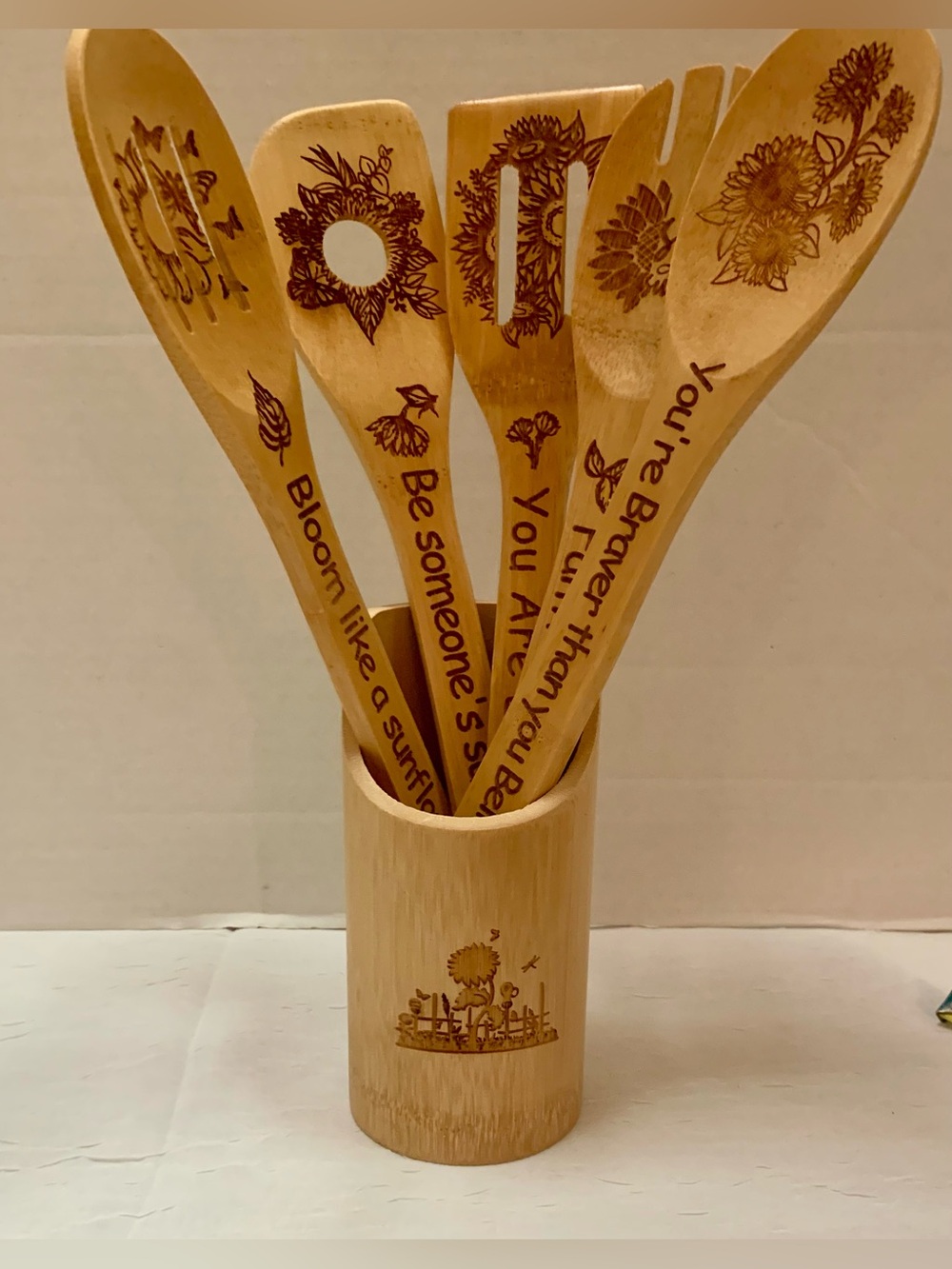 Bamboo Engraved inspirational quotes, Kitchen Utensil Set - Natural